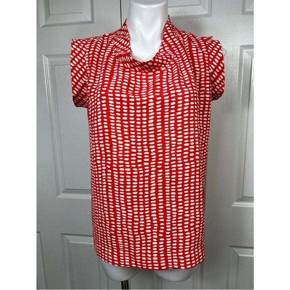 CAbi Madeline Ruffle Sleeveless Blouse Top Coral Ivory Pattern Contemporary L - Picture 3 of 8